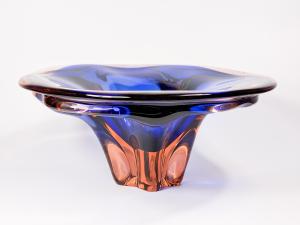 Skleněná žardiniera modrooranžová, průměr 31 cm