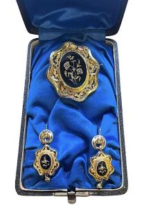 Starožitný zlatý set s broží a náušnicemi s perličkou a smaltem -  Biedermeier