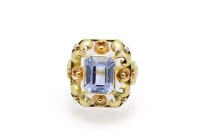 Starožitný zlatý prsten s modrým kamenem - topaz, vel. 52