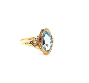 Starožitný zlatý prsten s modrým kamenem - topaz, vel. 55