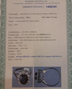 Starožitný zlatý prsten s ametystem a diamanty, vel. 54