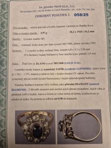 Zlatý prsten se safírem a diamanty, vel. 56