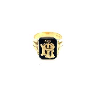 Starožitný zlatý prsten s onyxem a monogramem, vel. 60