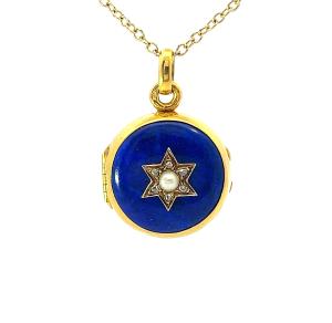 Starožitný zlatý medailon s emailem, perlou a diamanty