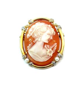 Zlatá brož/přívěs s perličkami a kamejí