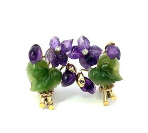 Zlaté náušnice s ametysty, nefritem a diamanty, klipsy