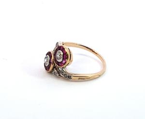 Starožitný zlatý prsten s rubíny a diamanty, vel. 53