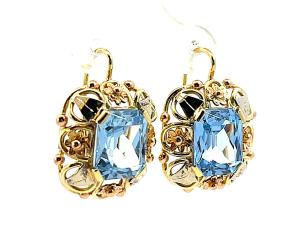 Starožitné zlaté náušnice s akvamaríny, první republika, visací