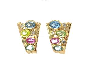 Zlaté náušnice s barevnými kameny, 18 k, puzeta