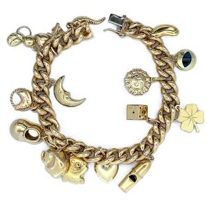 Masivní zlatý náramek s přívěsy, žebrák, 35,17 g