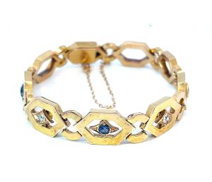 Starožitný zlatý náramek s diamanty a safíry, 9 k, 18,73 g