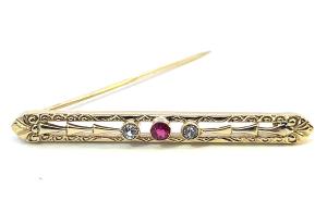 Starožitná zlatá brož s leukosafíry a rubínem