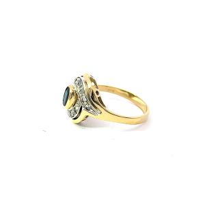 Zlatý prsten se safírem a diamanty, 18 k, velikost 53