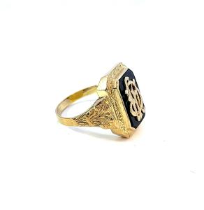 Starožitný zlatý prsten s onyxem a monogramem, vel. 62