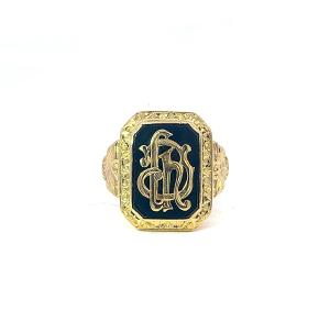 Starožitný zlatý prsten s onyxem a monogramem, vel. 62