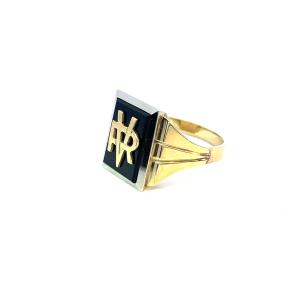 Zlatý prsten s onyxem a monogramem, vel. 64