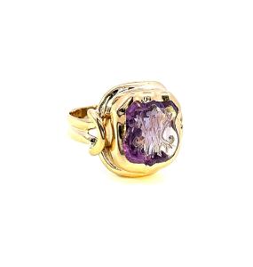 Starožitný zlatý prsten s přírodním ametystem s rytinou, Rakousko-Uhersko, vel. 57