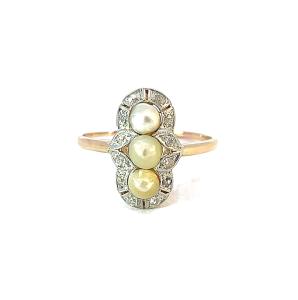 Zlatý prsten s perlami a diamanty, vel. 55,5