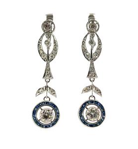 Náušnice v platině s diamanty a safíry, visací