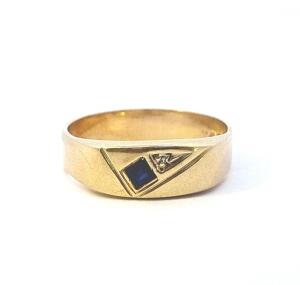 Zlatý prsten se safírem a diamantem, vel. 68