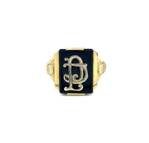 Starožitný zlatý prsten s onyxem a monogramem, vel. 61