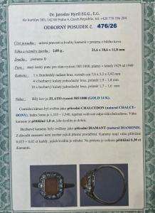 Starožitný zlatý prsten s přírodním chalcedonem a diamanty, první republika, vel. 51