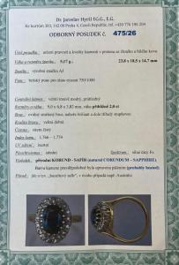 Zlatý prsten s přírodním safírem a diamanty, 18 k, vel. 50
