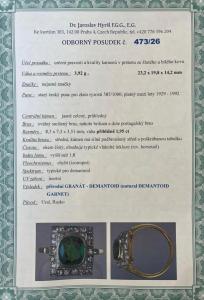 Starožitný zlatý prsten se demantoidem a diamanty, vel. 54